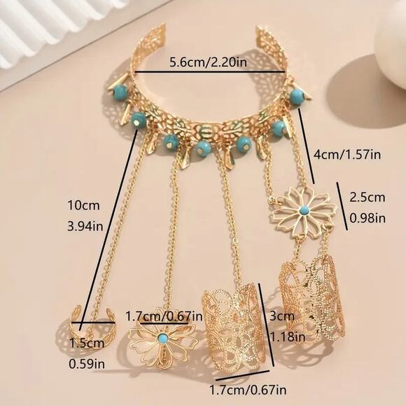 Boho Turquoise Flower Chain Hand Bracelet Ring Set – Gold Tone Bracelet - Picture 5 of 5